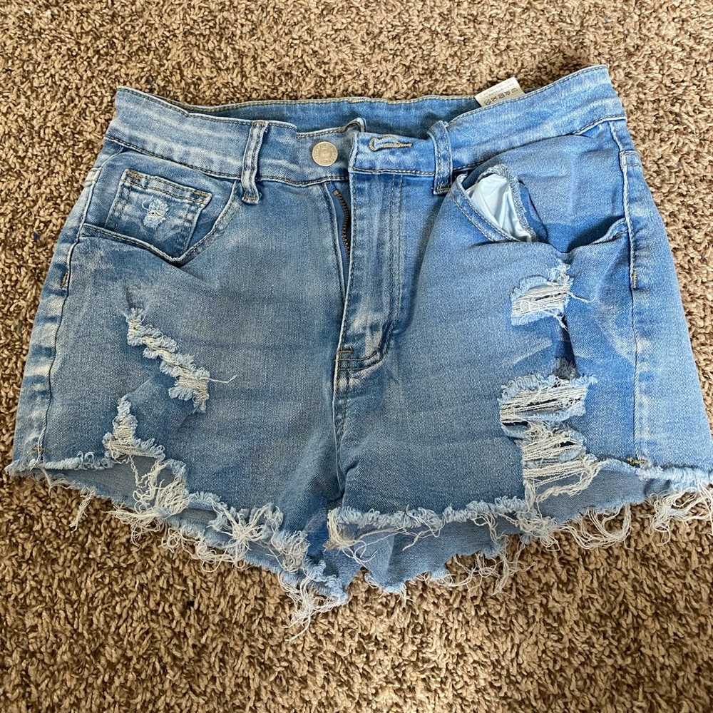 SHEIN Blue Distressed Jean Shorts High-Waisted Frayed Hem